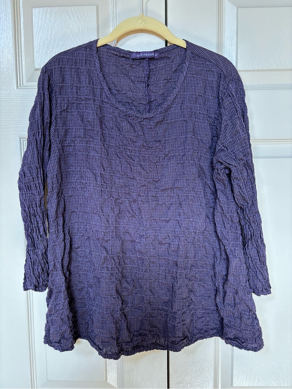 Linen Crinkled Striped 3/4 Sleeve Shirt by Cut Loose